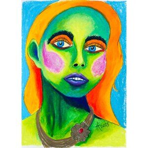 Green Girl with Flower Necklace Original Oil Pastel Painting 11x14in Matted